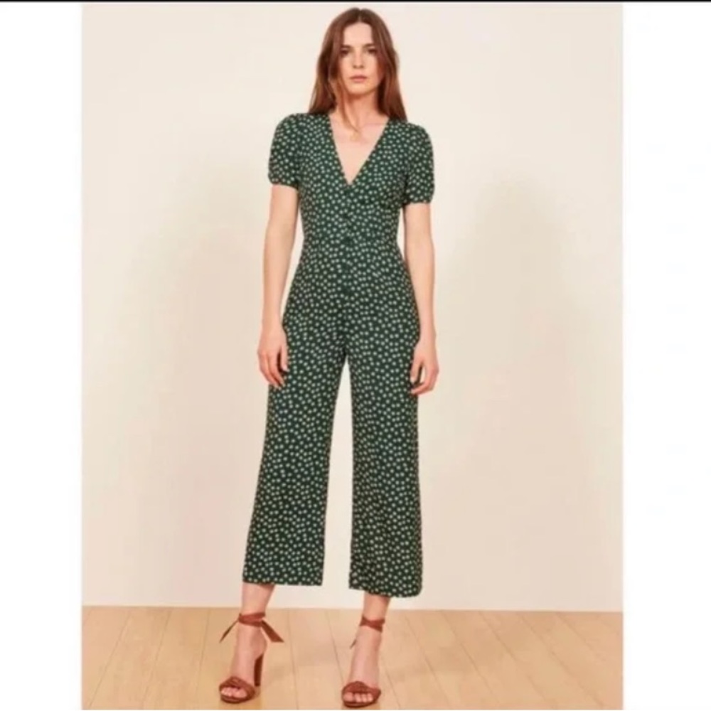 Reformation Jumpsuit Green Floral Print Short Sleeve V-Neck Button Closure Front